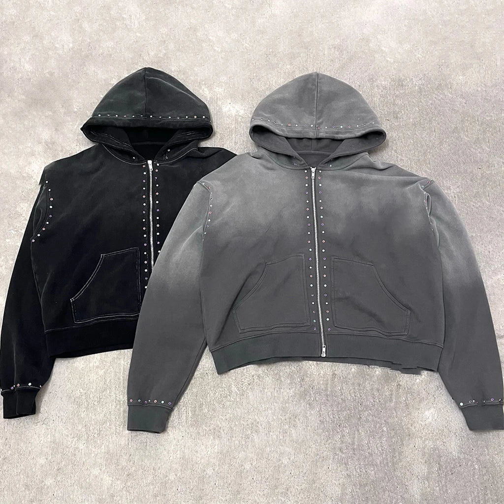 Men's Hoodies Rhinestone 100% Cotton Sweatpants and Hoodie Acid Wash Set Oversized Full Zip up Custom Heavyweight for Men