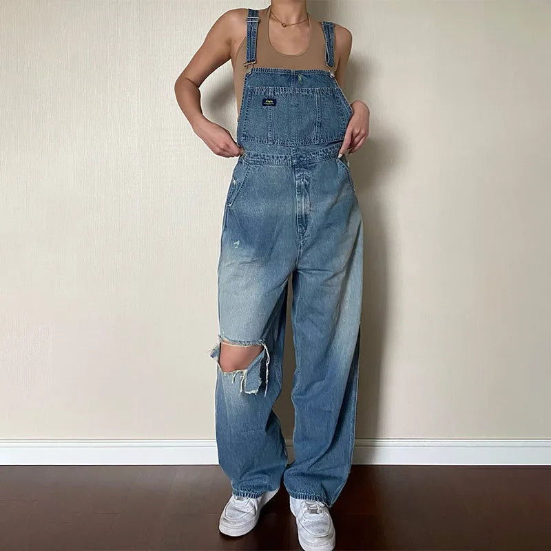 Custom Casual High-Waisted Light Wash Knitted Denim Dungarees Women's Work Overalls 480g Solid Pattern Spring