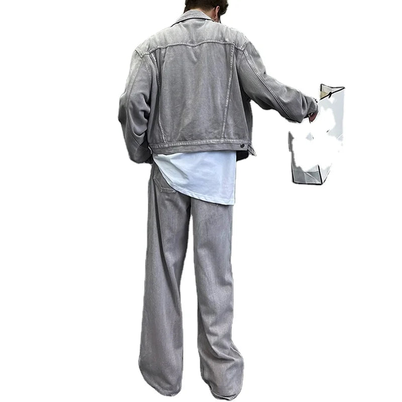 Custom Men's Casual Denim Jeans Set Two Piece Washed Denim Jacket Breathable Quick Dry Light Wash Vintage Style