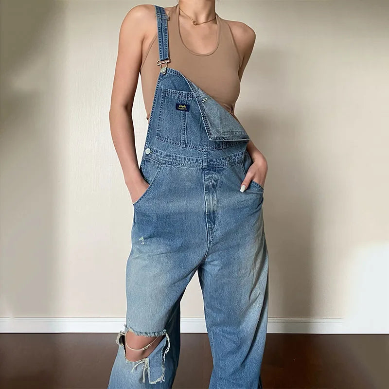 Custom Casual High-Waisted Light Wash Knitted Denim Dungarees Women's Work Overalls 480g Solid Pattern Spring