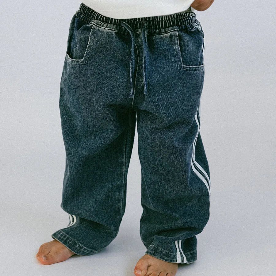 Custom Children's Boys' Denim Straight Jeans Casual Drawstring Closure Regular Fit High Quality Mid Waist Light Wash Solid