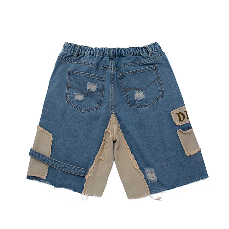 Custom Design Printed Lace Men's Stonewashed Blue Loose Mid Waist Straight Denim Jorts Breathable Eco-Friendly Soft Casual