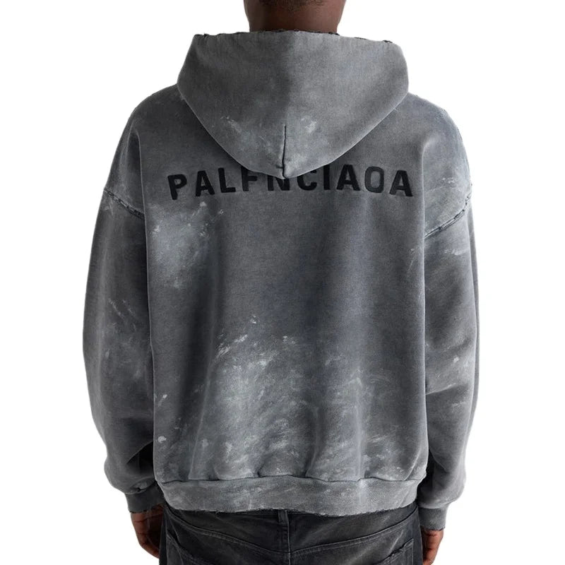 Custom Men's Heavyweight Hooded Zip-Up Acid Wash Hoodie 100% Organic Cotton Letter Pattern Distressed Casual for Spring Season