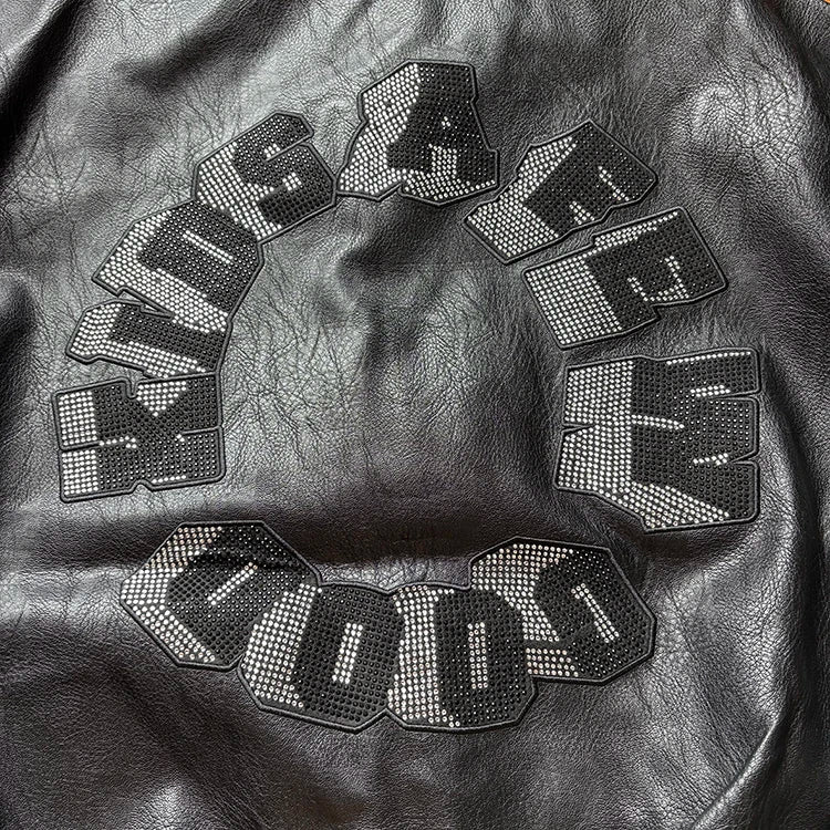 Custom Winter Motorcycle Embroidery Letter Windproof Leather Regular Racing Rhinestone Stand Collar Front Logo for Men