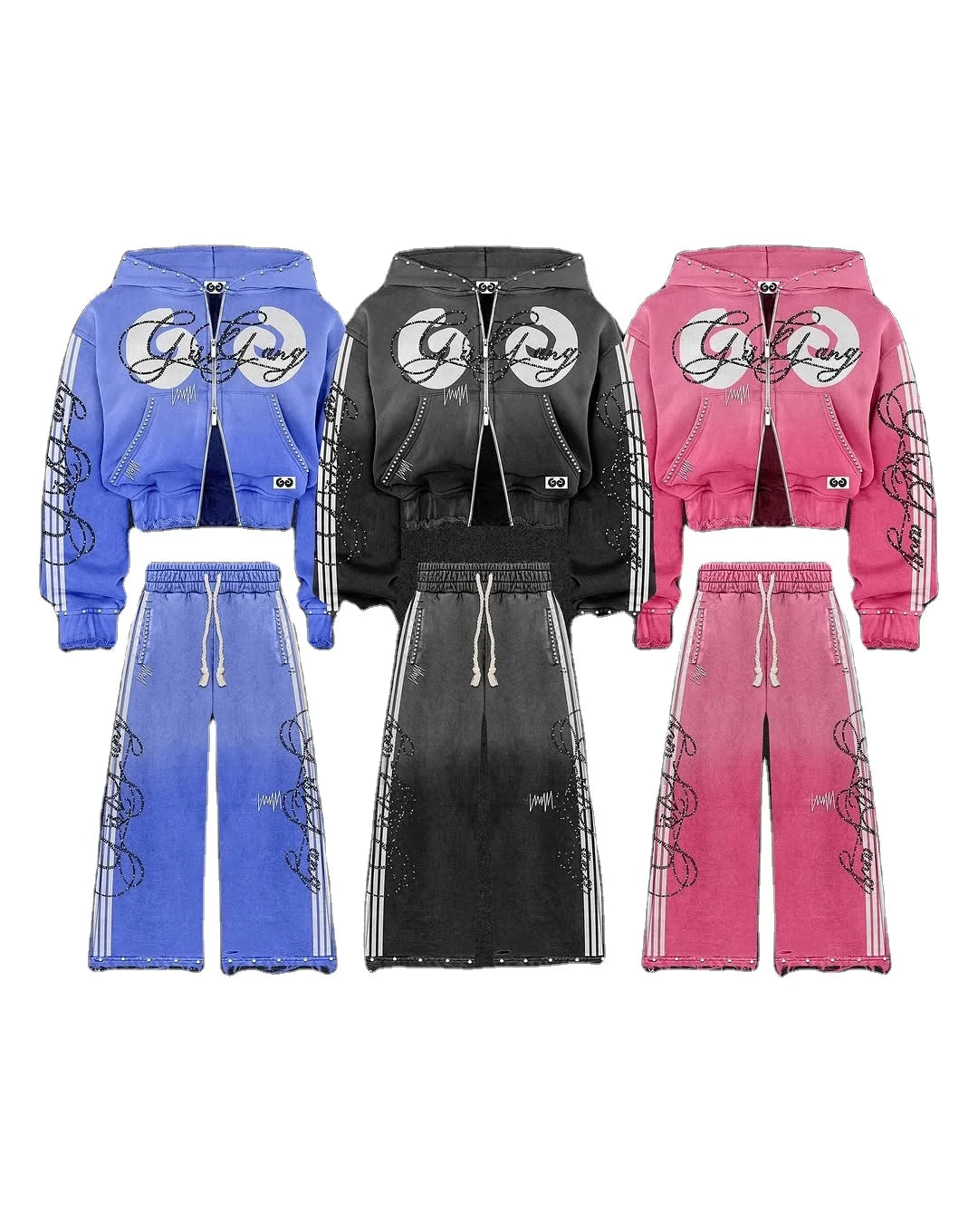 Custom Winter Streetwear Vintage French Terry 100% Organic Cotton Cropped Acid Wash Zip-Up Distressed Rhinestone Hooded