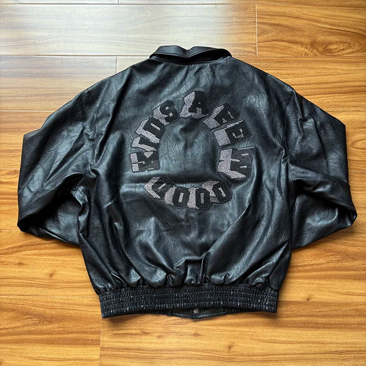 Custom Winter Motorcycle Embroidery Letter Windproof Leather Regular Racing Rhinestone Stand Collar Front Logo for Men