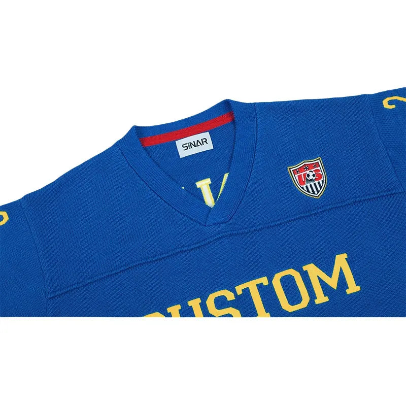 Custom LOGO Men Sweater Design Pullover Short Sleeve Football Jumper Summer V Neck Knitwear Casual Sweater Knitted Jerseys Men