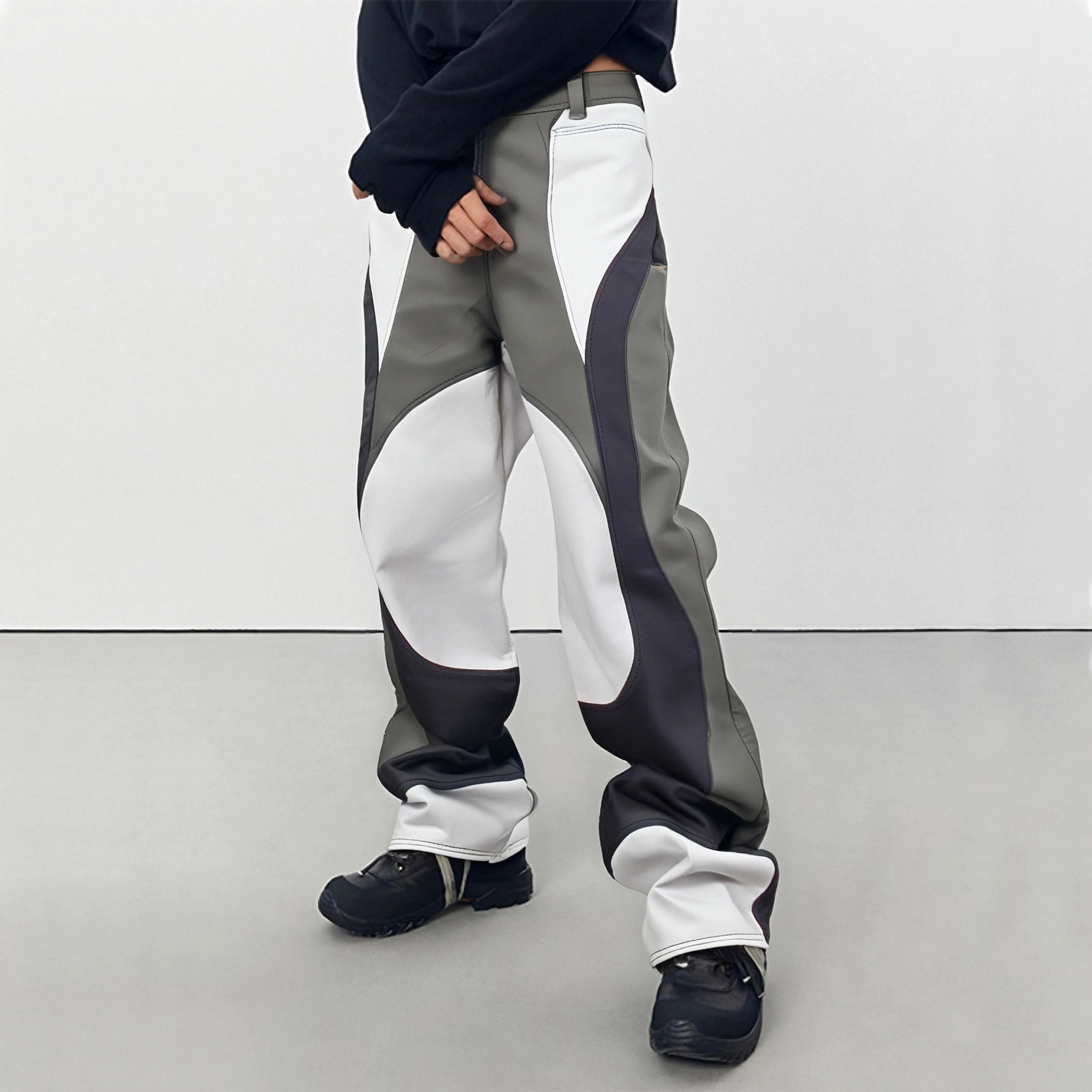 Custom Worsted Patchwork Casual Stacked Jogger Track Pants Baggy Streetwear Y2K Flared Sweatpants Mid High Zipper Fly Men