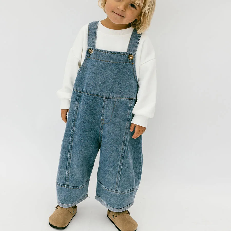 Custom Casual Solid Sleeveless Washable Girl's Kids Denim Overalls and Jeans Set with Front Logo