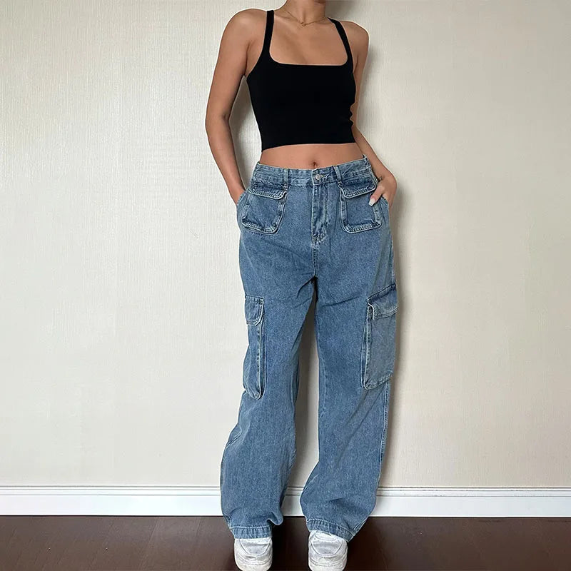 Custom Women's Denim Cargo Jeans Loose Fit Solid Casual Straight Low Waist Jeans Pants