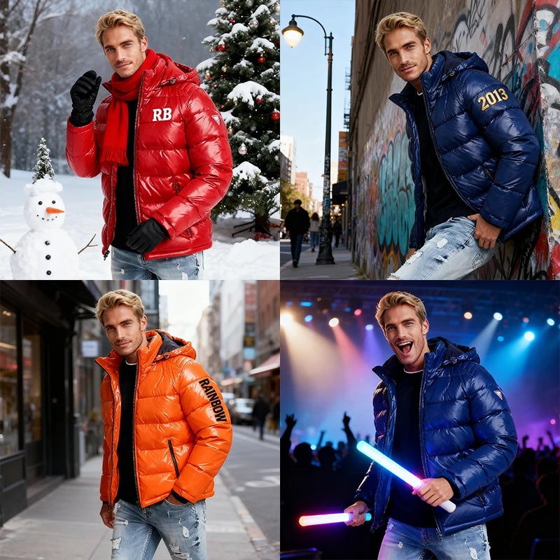 Rainbow Spray Fashion Brand Men's Thick Hooded Puffer Coat Winter Stand Windproof Waterproof Breathable Eco-Friendly Jacket