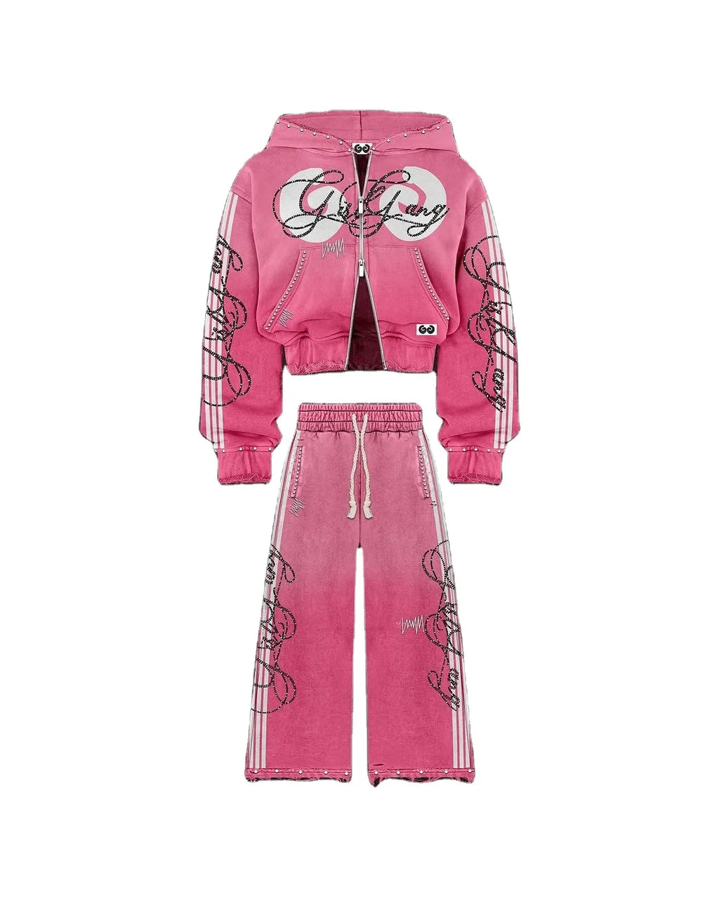 Custom Winter Streetwear Vintage French Terry 100% Organic Cotton Cropped Acid Wash Zip-Up Distressed Rhinestone Hooded