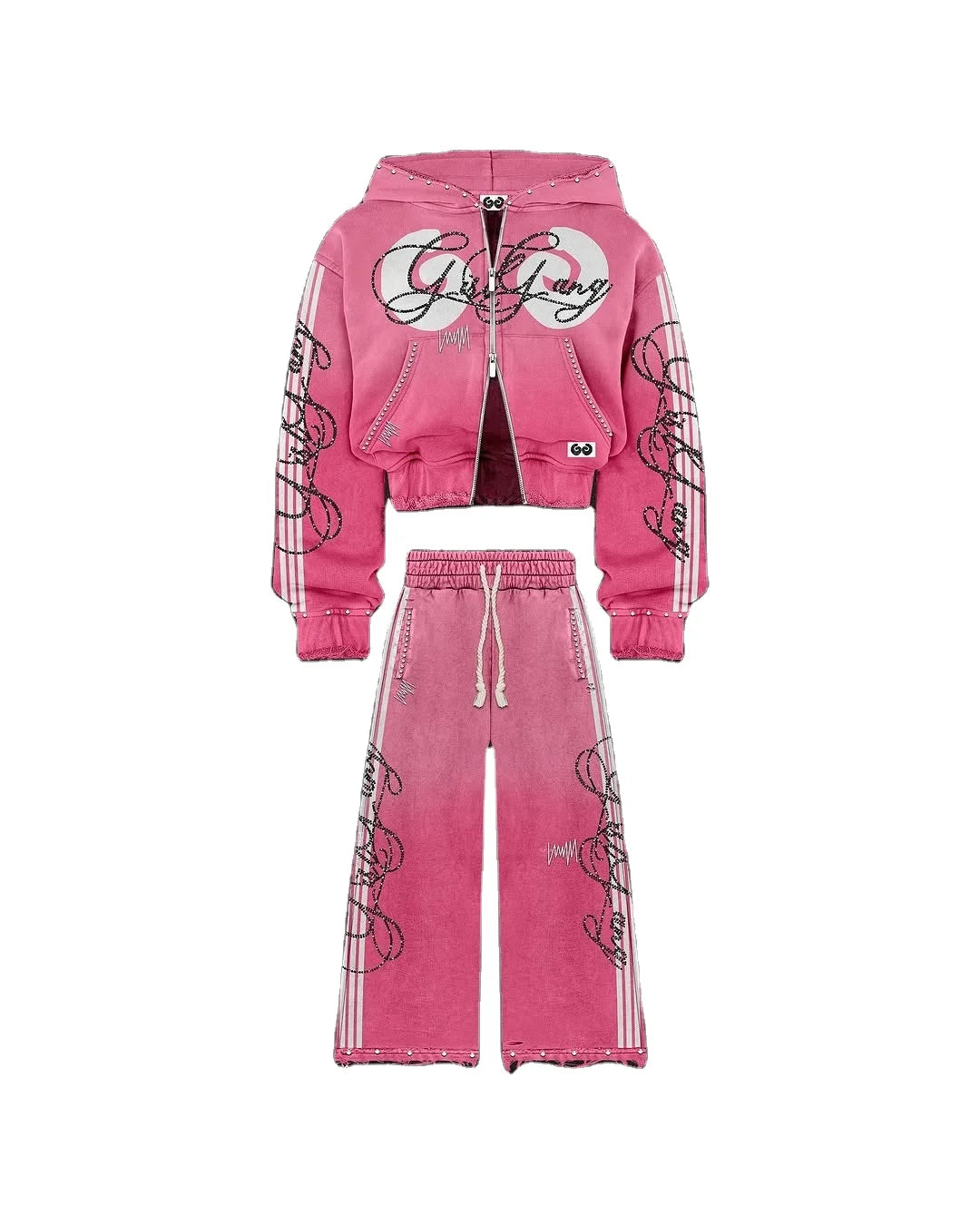 Custom Winter Streetwear Vintage French Terry 100% Organic Cotton Cropped Acid Wash Zip-Up Distressed Rhinestone Hooded