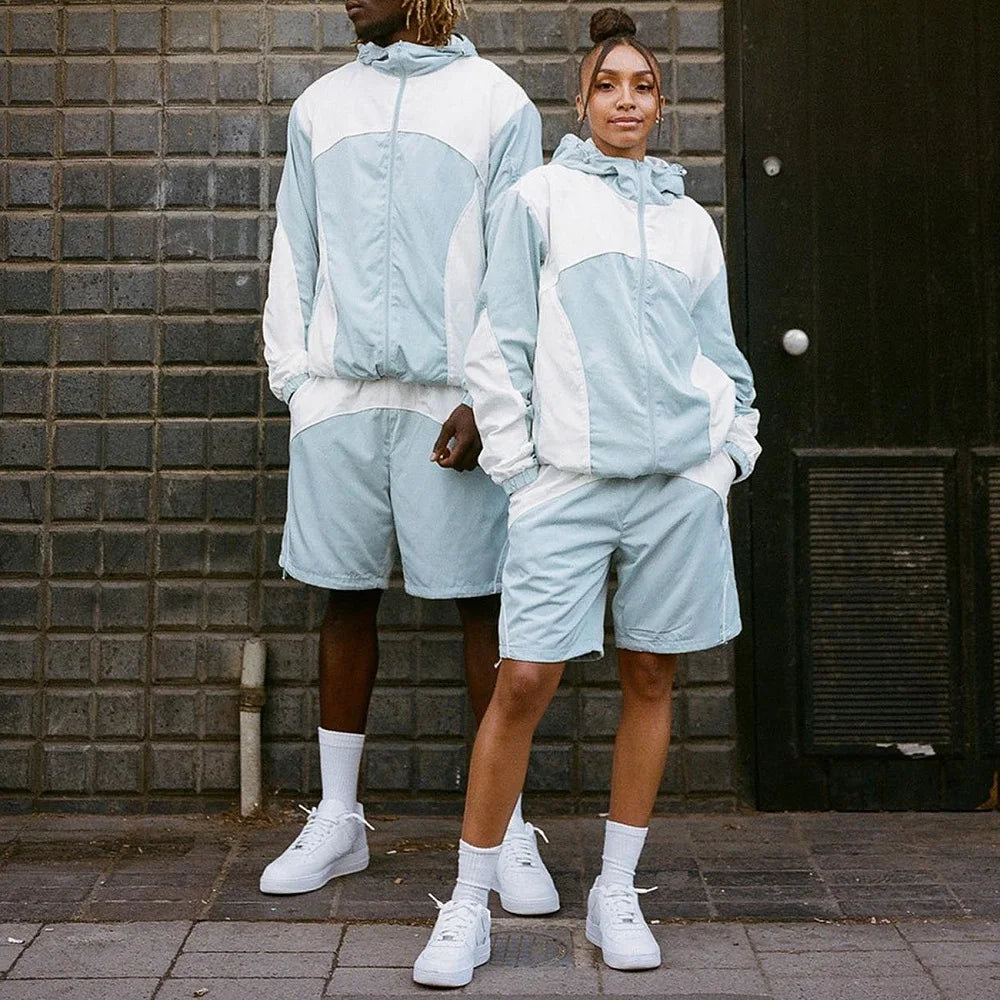 Unisex Custom Design Nylon Tracksuit Breathable Plus Size Windbreaker Jacket with Hooded Collar and Short Set for Spring Season