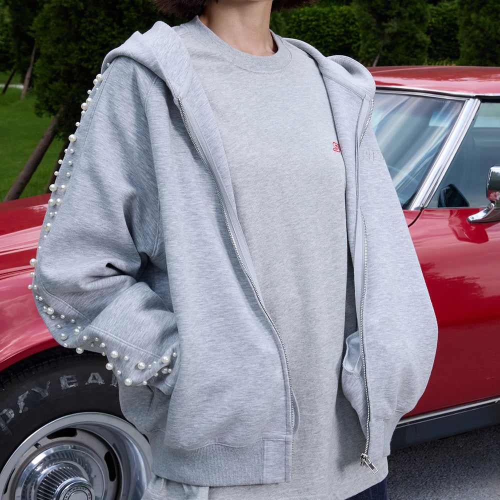 High Quality Zip-Up Pearl Hoodie for Men Autumn 400 Grams 100% Cotton Casual Oversized Custom Beaded Unisex