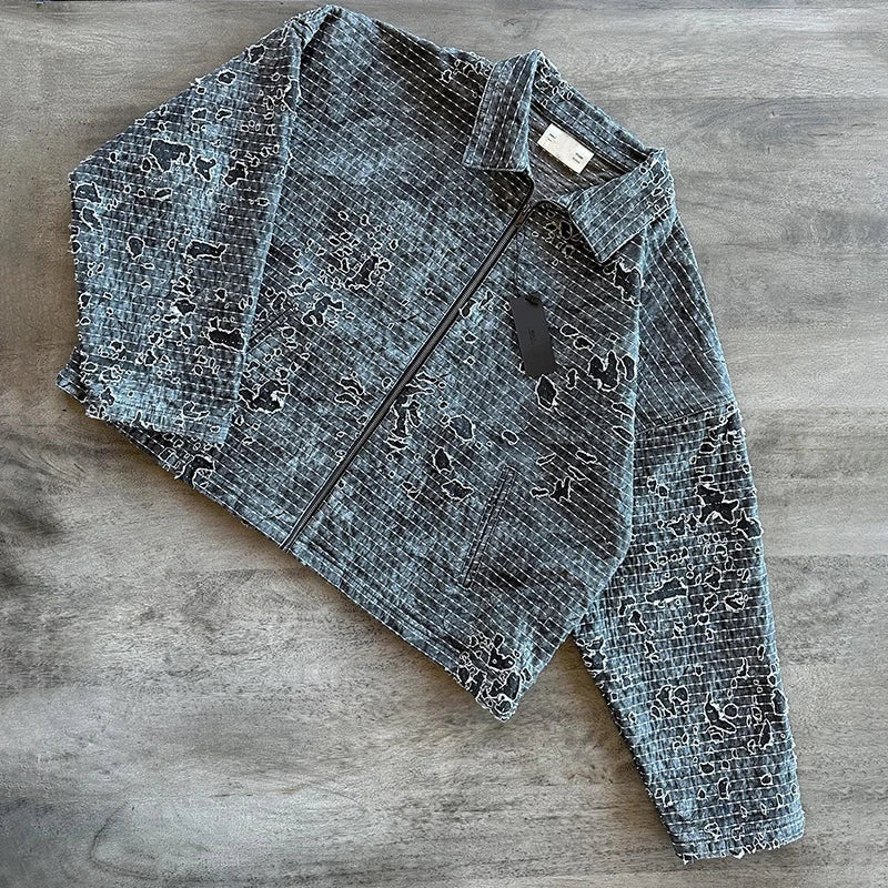 Custom Designer Fashion Casual Motorcycle Jacket Vintage Acid Washed Denim Jean Jacket for Men Zip Up Distressed Jacket