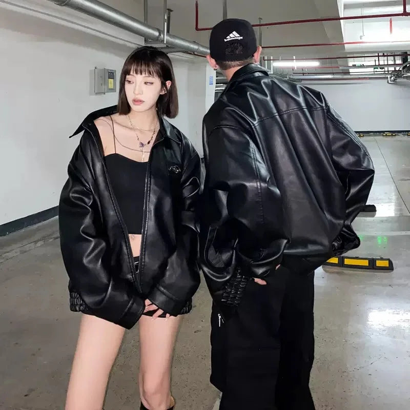 Custom Men's Leather Motorcycle Jacket for Women Oversize Black Zip-Up PU Leather Bomber Jacket Eco-Friendly Windproof Casual