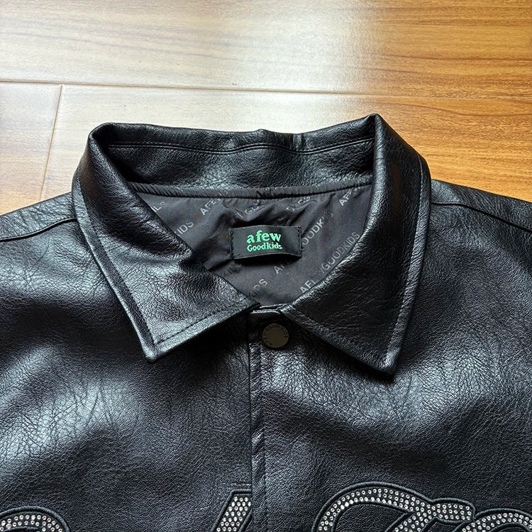 Custom Winter Motorcycle Embroidery Letter Windproof Leather Regular Racing Rhinestone Stand Collar Front Logo for Men