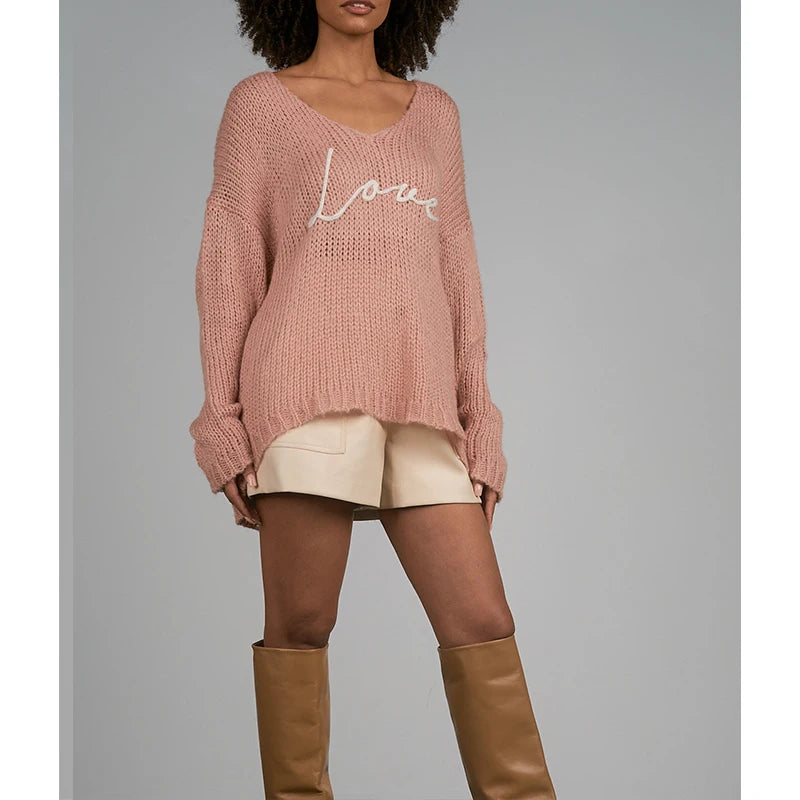 Custom Women's Winter Casual Crocheted Embroidery Oversize V-Neck Sweaters Manufacturer