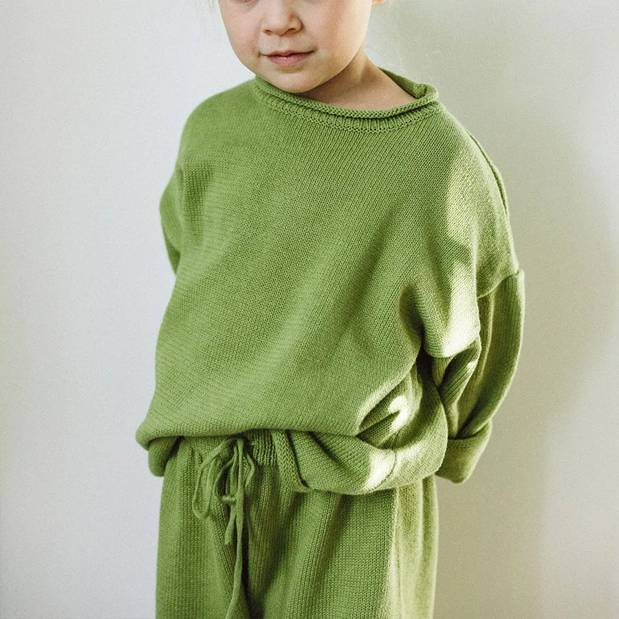 Custom 2pc Solid Long Sleeve Casual Eco-Friendly Polyester/Cotton Knit Pant Matching Set for Girls Kids