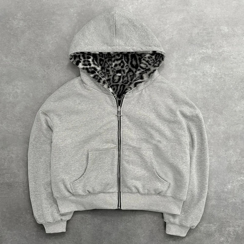 Custom Casual Oversized Winter Men's Reversible Zip-Up Hoodie with Leopard Print Heavyweight Worsted Fabric