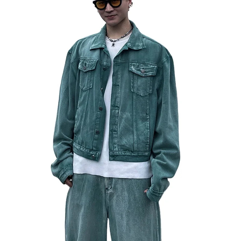 Custom Men's Casual Denim Jeans Set Two Piece Washed Denim Jacket Breathable Quick Dry Light Wash Vintage Style