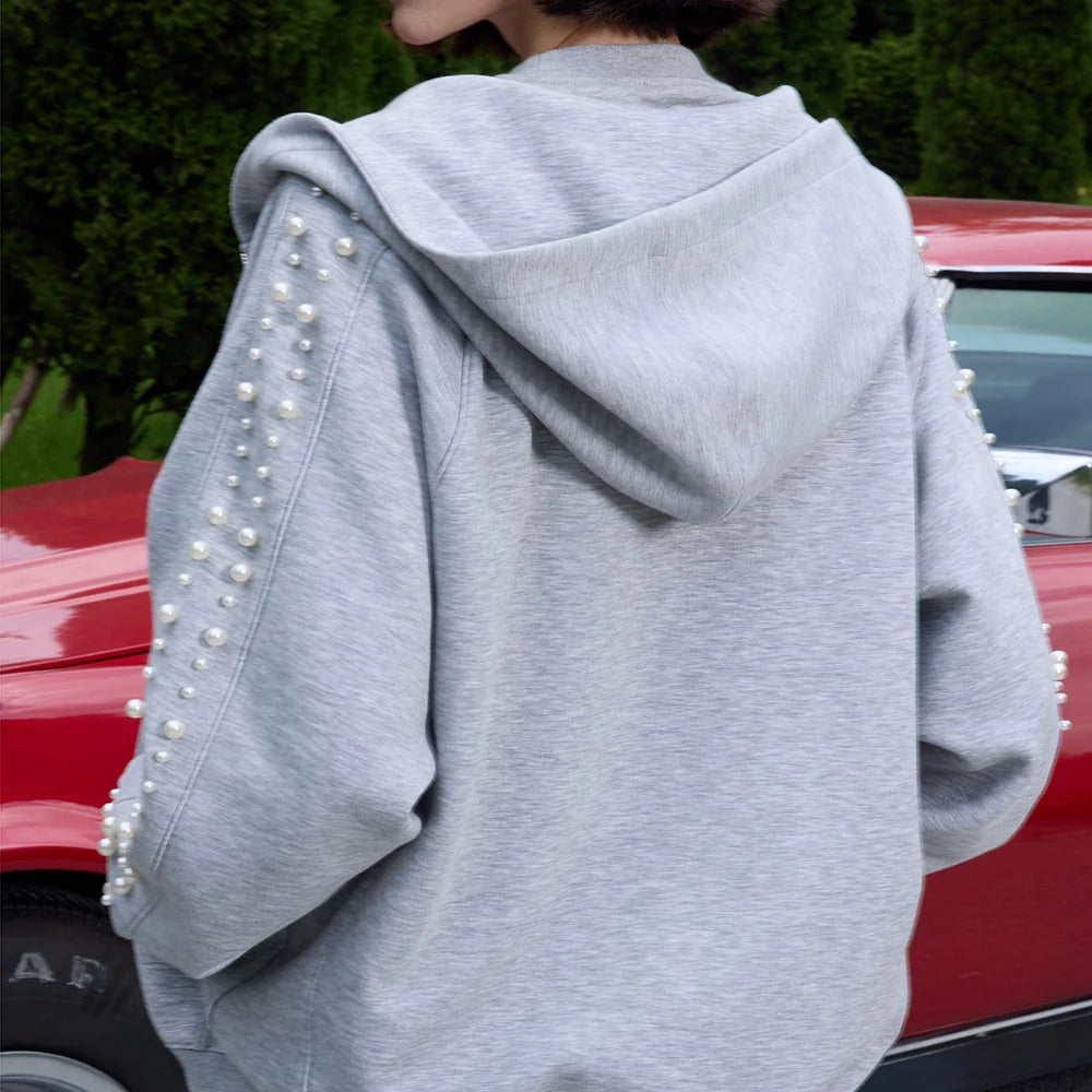 High Quality Zip-Up Pearl Hoodie for Men Autumn 400 Grams 100% Cotton Casual Oversized Custom Beaded Unisex