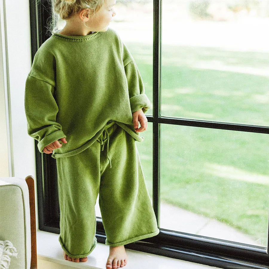 Custom 2pc Solid Long Sleeve Casual Eco-Friendly Polyester/Cotton Knit Pant Matching Set for Girls Kids