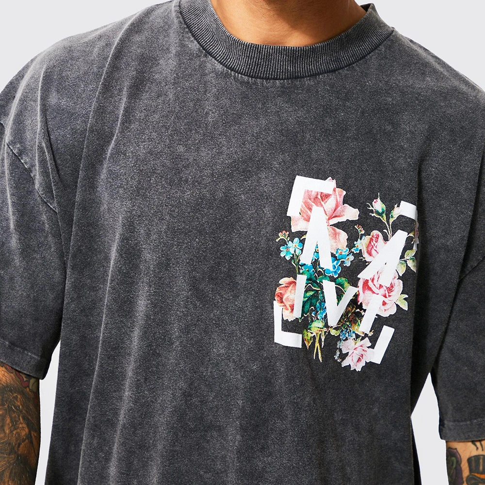 Acid Wash Funky Streetwear Summer Oversize Neutral Colour Cotton Premium Flower Luxury Tshirt for Men Custom