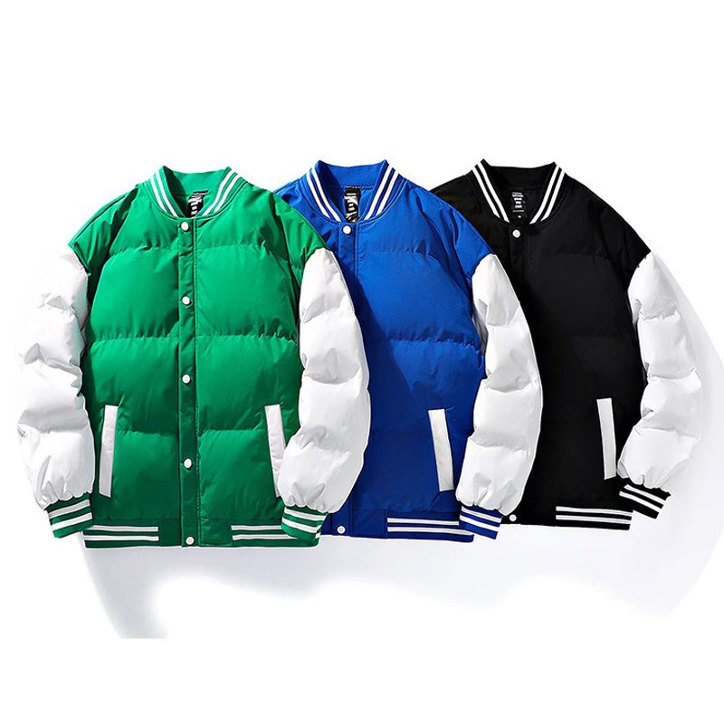 Men's Casual Winter Streetwear Puffer Jacket Color Blocked Baseball Coat with Zipper Closure Padded Nonwoven Woven Method