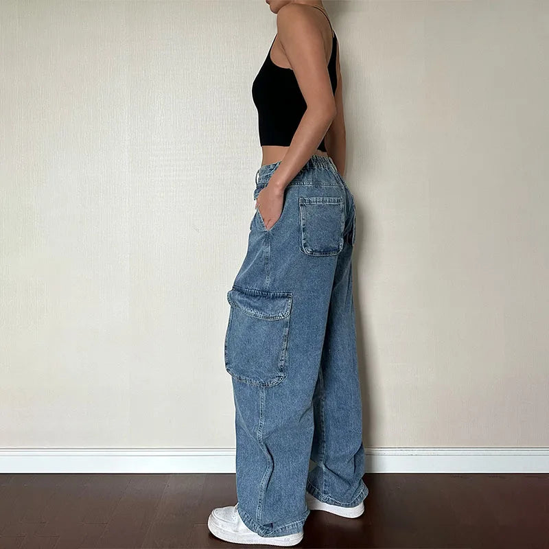 Custom Women's Denim Cargo Jeans Loose Fit Solid Casual Straight Low Waist Jeans Pants