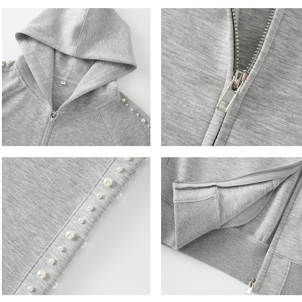 High Quality Zip-Up Pearl Hoodie for Men Autumn 400 Grams 100% Cotton Casual Oversized Custom Beaded Unisex