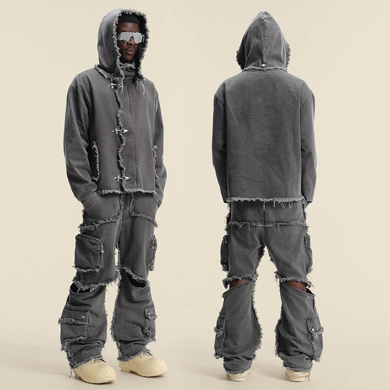 Custom Men Winter Terry Print Woven Joggers Set Vintage Distress Tracksuits with Custom Logo