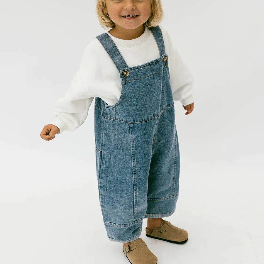 Custom Casual Solid Sleeveless Washable Girl's Kids Denim Overalls and Jeans Set with Front Logo