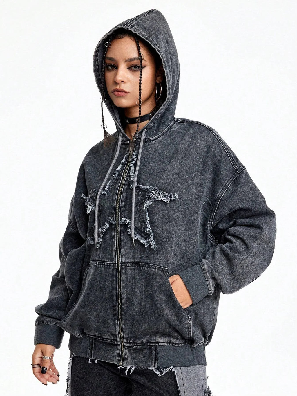 Custom Oversized Distressed Sweatshirt Drawstring Hoodies Denim Hoodie Hooded Zip up Acid Washed Hoodie for Women