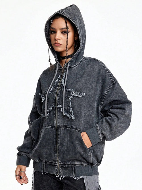 Custom Acid-Wash Denim Zip-Up Drawstring Hoodie | OEM/ODM