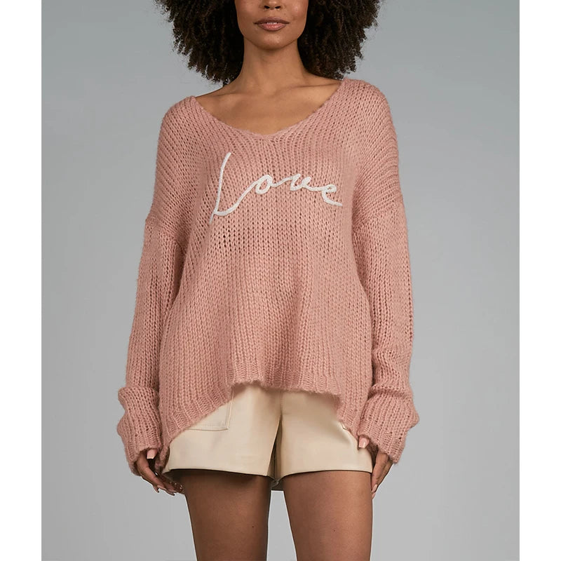 Custom Women's Winter Casual Crocheted Embroidery Oversize V-Neck Sweaters Manufacturer