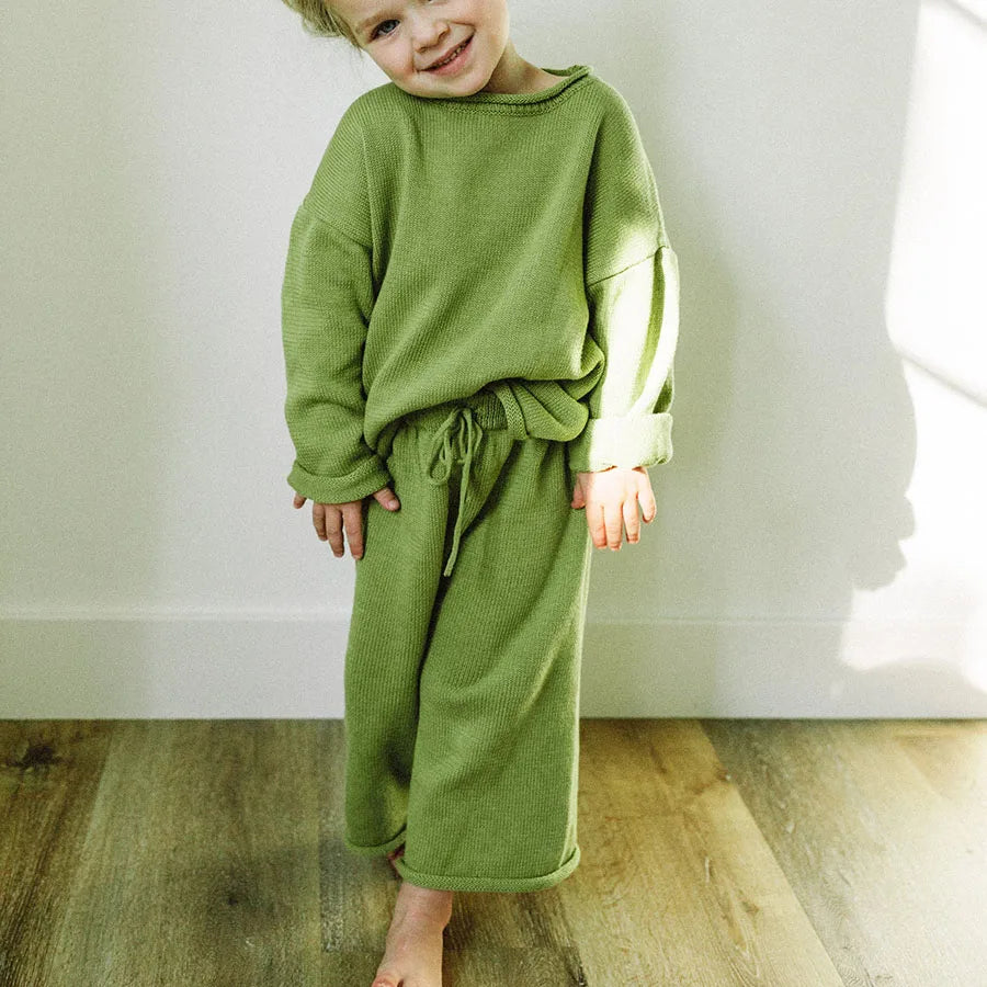 Custom 2pc Solid Long Sleeve Casual Eco-Friendly Polyester/Cotton Knit Pant Matching Set for Girls Kids