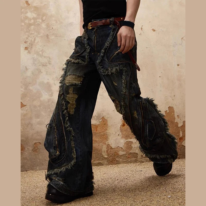 Custom Denim Straight Mid Waist Softener Fabric Vintage Heavyweight Loose Fit Plus Size Distressed Mens Patchwork White Designer
