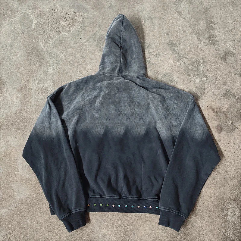 Custom Streetwear Cotton French Terry Vintage Print Rhinestone Heavyweight Oversized Acid Wash Custom Hoodies