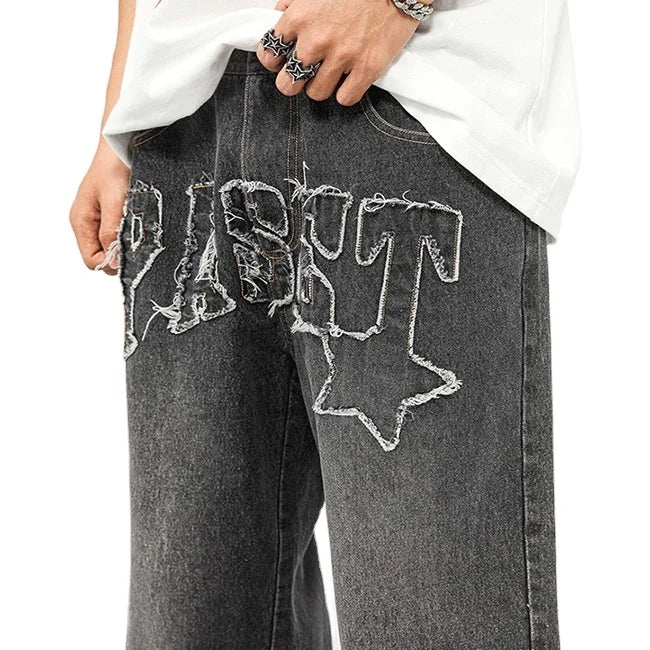 Custom Men's High Waist Baggy Denim Jeans Trousers Breathable Harem Pants with Embroidered Applique for Spring Autumn Seasons