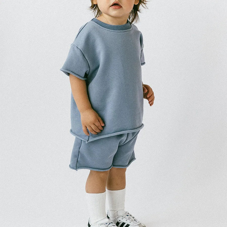 Custom Boys' Summer Casual 100% Cotton Clothing Set with Raw Hem T-Shirt and Shorts