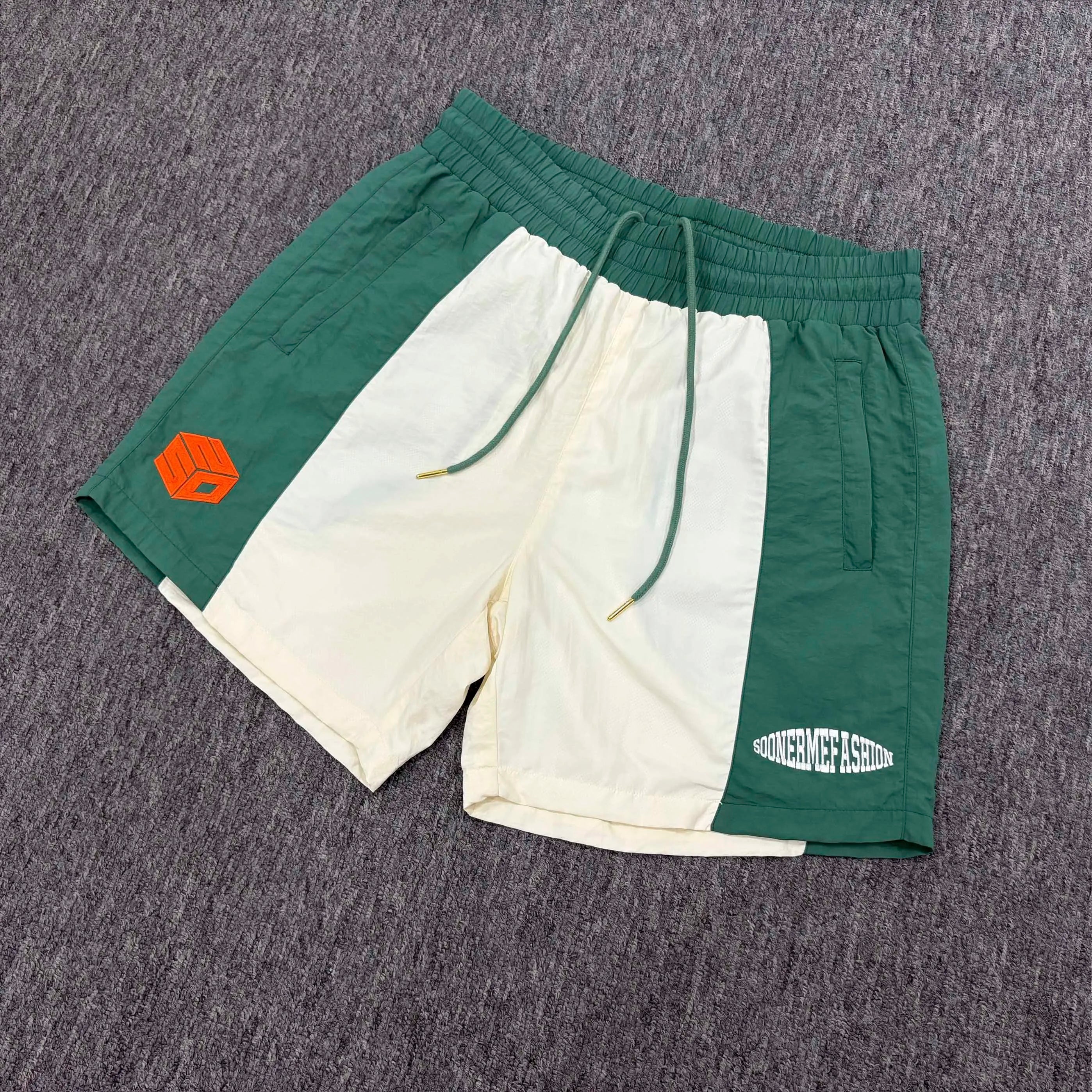 Summer Two Tone Patchwork Custom Embroidery Nylon Shorts for Men With Pocket
