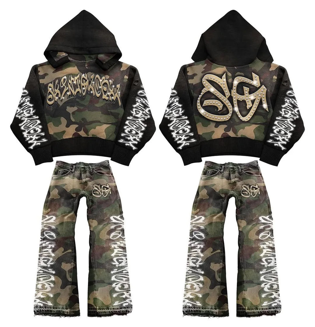 Custom Men's Heavyweight Acid Wash Distressed Sweatpants Set Oversized Cropped Hip Hop Style Embroidered Rhinestone for Winter