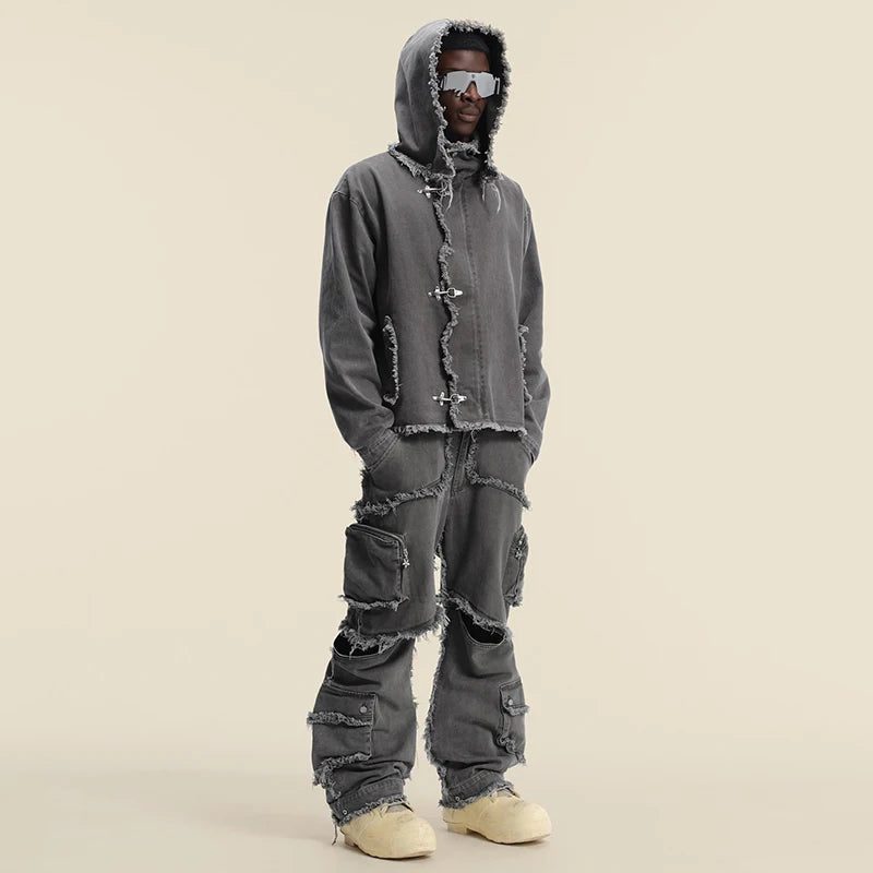 Custom Men Winter Terry Print Woven Joggers Set Vintage Distress Tracksuits with Custom Logo