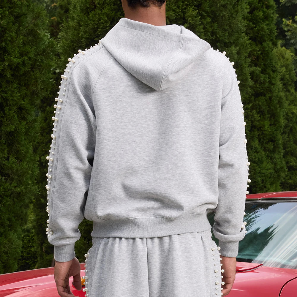 High Quality Zip-Up Pearl Hoodie for Men Autumn 400 Grams 100% Cotton Casual Oversized Custom Beaded Unisex