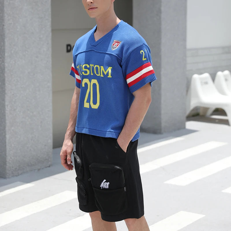 Custom LOGO Men Sweater Design Pullover Short Sleeve Football Jumper Summer V Neck Knitwear Casual Sweater Knitted Jerseys Men