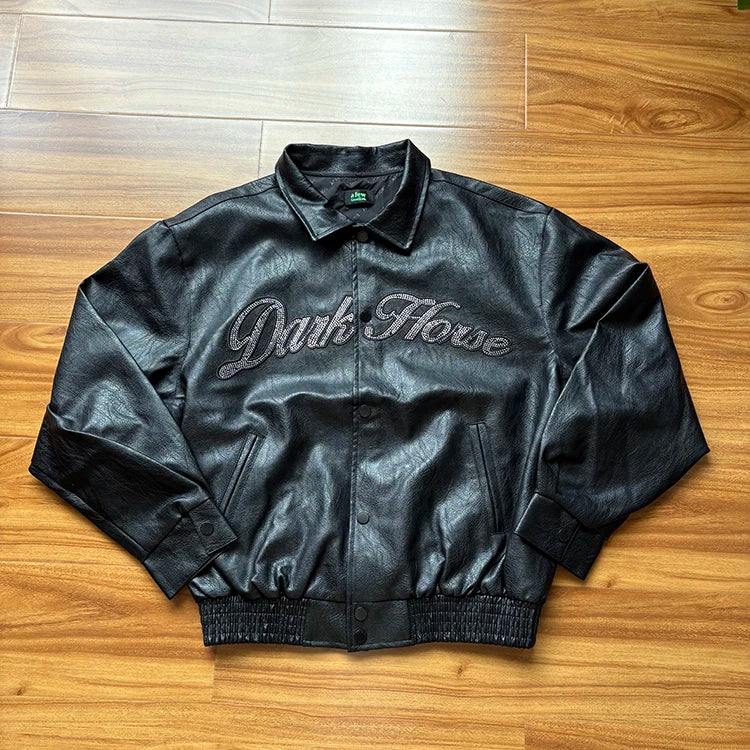 Custom Winter Motorcycle Embroidery Letter Windproof Leather Regular Racing Rhinestone Stand Collar Front Logo for Men