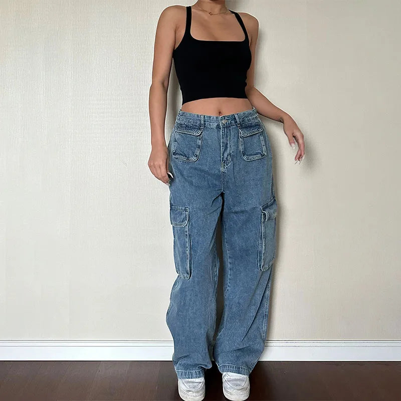Custom Women's Denim Cargo Jeans Loose Fit Solid Casual Straight Low Waist Jeans Pants
