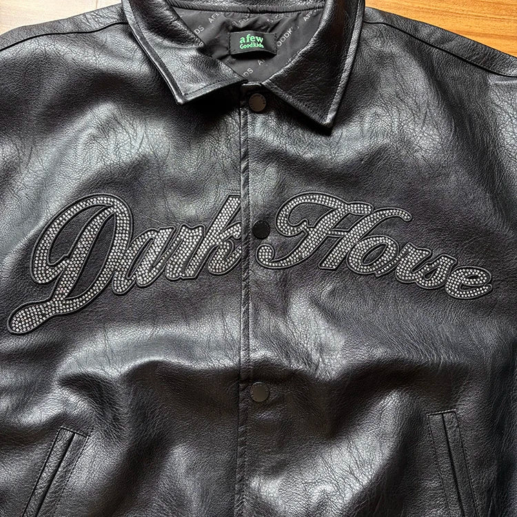 Custom Winter Motorcycle Embroidery Letter Windproof Leather Regular Racing Rhinestone Stand Collar Front Logo for Men